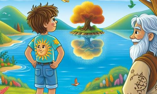 Un niño de 9 años, Tomás, está al borde de un lago brillante, con ojos llenos de curiosidad y asombro. Tiene el cabello castaño desordenado y lleva una camiseta colorida con un diseño de sol y un pantalón corto de mezclilla. Con las manos en las caderas, observa fascinado una isla misteriosa en el centro del lago. Cerca de él, un sabio barbudo de unos 60 años se encuentra en la orilla, con una larga barba blanca y una túnica ligera adornada con símbolos antiguos, sonriendo suavemente a Tomás como compartiendo un secreto. El lugar es encantador: el lago está rodeado de colinas verdes y flores coloridas en la orilla, mientras que aves de plumas brillantes vuelan sobre el agua. La isla en el centro está cubierta de árboles con hojas doradas que brillan al sol. Tomás, maravillado, contempla su reflejo en el lago, donde ve escenas de su vida danzando en la superficie, simbolizando su viaje interior y búsqueda de significado.