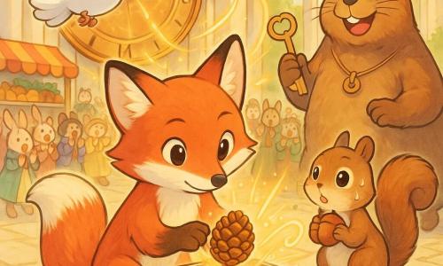 Fiep is een jonge roodbruine vos met glanzende vacht en nieuwsgierige ogen, die voorzichtig een klein dennenappelletje vasthoudt en in een metalen doos met zonnen legt; Pluis is een klein bruin eekhoorntje met een pluimstaart en een hazelnoot tegen zijn borst, staand op een steen naast Fiep; Doro is een parelmoeren duif met vriendelijke blik die boven de scène vliegt met een glinsterend takje in haar snavel; de Vriendelijke Tijdbewaker, een vrolijke bever met een gouden sleutel om zijn nek, staat bij de grote koperen klok klaar om de sleutel te draaien; op het plein met lichte stenen, witte en gouden zuilen, groene slingers en kleurrijke kraampjes beginnen gouden vonkjes en lichtgolven uit de doos te komen, de grote wijzer van de klok beweegt, de dierenmassa in feestelijke kledij klapt enthousiast, warme magische sfeer, in een zachte manga-stijl met duidelijke lijnen en heldere warme kleuren geschikt voor een 8-jarige.