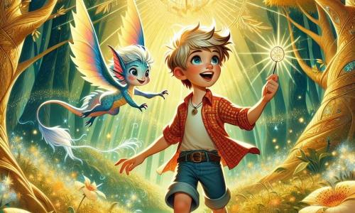 An 11-year-old boy named Finn stands at the center of the image, with sparkling bright blue eyes and wind-tousled blonde hair. He wears a red plaid shirt and denim shorts, and his face shows joyful determination as he holds a shining compass in his right hand, ready for adventure. Beside him, a small dragon named Spark, with iridescent scales and round eyes, joyfully flies around him, looking mischievous and enthusiastic, its delicate wings shimmering in the sunlight. In the background, an enchanted forest stretches endlessly, with majestic trees featuring golden leaves and luminescent flowers illuminating the ground. Sunlight filters through the foliage, creating a magical and inviting atmosphere. The scene depicts Finn and Spark preparing to explore the forest, with the shining compass pointing towards a mysterious light in the distance, symbolizing the start of their grand adventure.