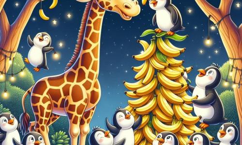 Una giraffa di nome Gina, con un lungo collo macchiato di giallo e marrone, si trova felicemente al centro della scena, sorridente e piena di entusiasmo, mentre aiuta dei pinguini a costruire una torre di banane. I pinguini, con il loro piumaggio bianco e nero e i piccoli occhi rotondi, si muovono attorno a lei, alcuni tengono banane tra le ali, mentre altri cercano di arrampicarsi sulla torre instabile. Lo scenario si svolge in uno zoo magico, sotto un cielo stellato, dove le gabbie degli animali sono illuminate dalla dolce luce della luna, e alberi con foglie brillanti circondano la scena. La situazione principale mostra Gina che, con il suo collo slanciato, cerca di raggiungere la parte superiore della torre di banane, mentre i pinguini ridono e si divertono, creando un'atmosfera gioiosa e ludica.