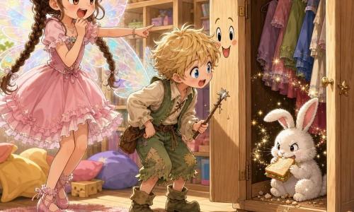 Hoofdpersonage Floortje, een kleine fee in een pastelroze jurk met volantjes, doorschijnende iriserende vleugels, bruine vlechten en grote fonkelende ogen, wijst glimlachend naar een open kast; haar broertje Finn, een dromerige feejongen met warrig blond haar en een licht gebroken toverstokje, staat nieuwsgierig naast haar naar de kast leunend. In de kast zit een wit magisch konijntje met pluizig vachtje en ondeugende ogen, bezaaid met gouden glitters, dat een halve sandwich knabbelt tussen kruimels. De zonovergoten speelkamer heeft een lichte houten vloer, een kleurrijk kleed, planken met knuffels en blokken, meerkleurige kussens en een papieren slinger; een spoor van kruimels leidt naar de kast. Scène: de grappige ontdekking van de "sandwichdief" — Floortje en Finn openen de kast, vinden het konijn dat op de sandwich kauwt, lachen terwijl kleine glitters in de lucht zweven; warme, dynamische compositie met zachte, heldere kleuren.