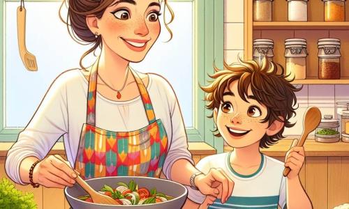 Isabella, una donna di circa trent'anni con lunghi capelli castani raccolti in un chignon, indossa un elegante grembiule da chef colorato. Il suo viso irradia gioia e determinazione mentre prepara un piatto nella sua cucina, circondata da verdure fresche e erbe aromatiche. Accanto a lei, Luca, un ragazzo di dieci anni con capelli castani in disordine e occhi brillanti di curiosità, tiene una spatola di legno e guarda Isabella con meraviglia, pronto ad aiutarla. La cucina è calda e accogliente, con pareti in legno chiaro, mensole piene di barattoli di spezie colorate e una grande finestra che lascia entrare la luce del sole, illuminando gli ingredienti freschi sul piano di lavoro. La scena principale mostra Isabella e Luca intenti a preparare un piatto delizioso, mescolando risate e apprendimento, mentre condividono la loro passione per la cucina in un'atmosfera gioiosa e creativa.