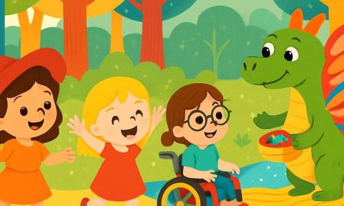 Ci sono 3 personaggi: - Lina: una bambina di 5 anni con capelli castani e ricci, che indossa un grande cappello rosso. È a sinistra, sorridente e piena di entusiasmo. - Nina: una bambina di 4 anni con capelli biondi e lisci, con un grande sorriso gioioso. È al centro, con le braccia alzate in segno di gioia. - Pina: una bambina di 5 anni con capelli castani e occhiali rotondi, seduta in una carrozzina colorata, a destra, pronta a muoversi. Il luogo è un magnifico bosco incantato, pieno di alberi dai tronchi colorati e foglie scintillanti. Fiori multicolori crescono ovunque e un ponte di spaghetti si estende sopra un piccolo fiume luccicante. La situazione principale mostra le tre amiche che ridono e si preparano a attraversare il ponte di spaghetti, con un drago dalle ali di farfalla che le guarda sorridendo, pronto a offrir loro un tesoro di caramelle.