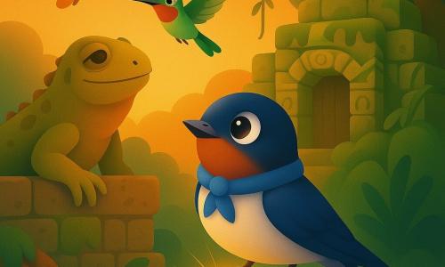 Una pequeña golondrina protagonista posada sobre una piedra lisa, plumaje azul índigo brillante y vientre blanco, pañuelo azul al cuello, mirada maravillada y curiosa, ala derecha apoyada suavemente como si escuchara; un colibrí diminuto secundario de plumas verde esmeralda y gorgerín rojo, alas borrosas en movimiento y sonrisa vivaz, volando justo sobre el hombro de la golondrina y observando con alegría; una iguana sabia secundaria de grandes escamas color tierra, ojos dulces y arrugados, sentada en un muro de piedra musgoso a la izquierda con la pata sobre una raíz y mirada benevolente hacia la golondrina; escenario en las ruinas de Copán con grandes piedras talladas cubiertas de musgo, raíces gruesas de un ceibo que rodean una pequeña puerta de madera, lianas colgantes y mariposas coloridas; escena principal: la piedra central emite un leve resplandor dorado y finas vibraciones como líneas luminosas, la golondrina toca la piedra en un momento de descubrimiento tierno y sereno al atardecer, colores cálidos (naranja, ocre, verde profundo) y texturas detalladas (musgo, piedra, plumas).