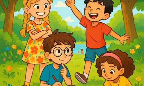 Há 4 crianças: - Lucas: um menino de 9 anos, com cabelos castanhos bagunçados e óculos redondos. Ele está sentado na grama, com um caderno na mão, sorrindo e pensativo, pensando em uma nova ideia para a caça ao tesouro. - Sofia: uma menina de 9 anos, com cabelos loiros trançados e óculos de sol na cabeça. Ela usa um vestido colorido de flores e está de pé ao lado de Lucas, com os braços cruzados, exibindo um grande sorriso, cheia de energia e entusiasmo. - João: um menino de 9 anos, com cabelos negros e sardas no rosto. Ele usa uma camiseta vermelha e um short jeans. Está pulando alegremente, com um braço levantado, pronto para a aventura. - Clara: uma menina de 9 anos, com cabelos castanhos cacheados e uma faixa rosa. Ela está agachada, desenhando um plano em uma folha de papel, concentrada e criativa. A cena se passa em um parque verdejante, cheio de flores coloridas e árvores majestosas. Raios de sol filtram pelas folhas, criando sombras dançantes no chão. Ao longe, há um pequeno lago brilhante, cercado por risadas de crianças que brincam. A história mostra as crianças se reunindo para organizar uma caça ao tesouro, com Lucas ajudando a criar enigmas enquanto seus amigos discutem e riem ao redor dele, prontos para uma aventura cheia de surpresas e descobertas.