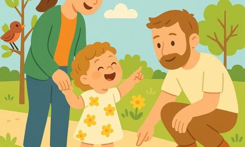 A joyful 2-year-old girl with short curly light-brown hair, round rosy cheeks, wearing a light yellow floral dress and blue boots, holds her mother's hand and looks at a bird on a branch; the smiling mother (about 30) with long brown hair in a ponytail, a green cardigan and jeans, stands to the girl's left with her hand on her shoulder, while the attentive father (about 32) with a light beard, beige t-shirt and khaki pants kneels to the girl's right pointing at a small puddle. The scene is a spring park path with bright green grass, small trees with tender leaves, yellow and pink flowers, a pale blue sky with soft clouds; the girl laughs and points at the bird as her parents surround her protectively, a puddle reflects the sky and a bee hovers near the flowers. Style: bright flat colors, soft lines and round shapes, simple readable composition for toddlers.