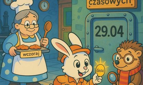 Mały antropomorficzny biały królik o imieniu Kubuś, z okrągłymi błyszczącymi oczami, miękkim futerkiem, w małym pomarańczowym kapeluszu i kurtce z kieszenią pełną papierów, uśmiechnięty i ciekawski, przykuca przy metalowych drzwiach z datą, trzyma błyszczącą pastylkę z napisem „dzisiaj”; po lewej stoi życzliwa stara kucharka Pani Czasowa, siwe włosy w dwóch warkoczach, w kropkowanym fartuchu z łyżką i tacką ciastek oznaczonych „wczoraj”, „jutro”, po prawej spokojny mądry jeż-przewodnik w okrągłych okularach, z lupą i pasiastym szalikiem, obok drewnianego znaku „Peron startów czasowych”; wnętrze peronu o miękkim niebieskim świetle, wypłukane kafle, ściany z zegarami i kolorowymi drzwiami z datami, ciepłe girlandy żarówek; scena spokojna i magiczna, Kubuś zamyślony przed naciśnięciem przycisku, pastelowe żywe kolory, wyraźne linie i łagodne kontury, kompozycja skupiona na króliku i drzwiach.