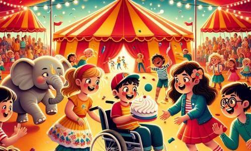 No centro da imagem, três crianças estão reunidas sob o grande chapéu do circo. À esquerda, Ana, uma menina de 8 anos com longos cabelos castanhos e um vestido colorido, ri ao ver um elefante que dança. À direita, Pedro, um menino de 9 anos com óculos e um boné vermelho, segura uma grande torta de creme, pronto para fazer uma brincadeira. No centro, Miguel, um menino de 10 anos em cadeira de rodas, sorri maravilhado, com os olhos brilhando, enquanto tenta malabariar com bolas coloridas. O local é um circo vibrante, com tendas listradas de vermelho e amarelo, luzes cintilantes e balões flutuando no ar. Ao fundo, espectadores riem e aplaudem, criando uma atmosfera alegre e festiva. A cena principal mostra Miguel, cercado por seus amigos, tentando malabariar com bolas sob o olhar divertido de um elefante que acaba de fazer um grande espirro, provocando risadas gerais.