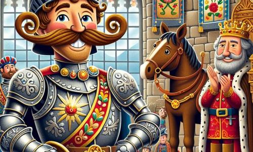 In the center of the image, Sir Whiskers, a chivalrous man in his thirties, proudly stands on his horse Patch. He has a flamboyant mustache spiraling up, a shiny metal helmet, and armor adorned with floral patterns. His face expresses joyful determination, his eyes sparkling with adventure as he holds the Great Magical Clock, shimmering brilliantly, in one hand. Next to him, King Harold, a man in his fifties with a slightly crooked crown, stands on a carved wooden throne. He has a relieved smile and rosy cheeks, his royal attire decorated with colorful patterns. He enthusiastically applauds, surrounded by nobles who watch him with admiration. The setting is the great hall of Fiddleshire Castle, with stone walls adorned with colorful tapestries depicting scenes of bravery. Large windows let in golden sunlight, illuminating the wrought iron chandeliers hanging from the ceiling. The main scene shows Sir Whiskers triumphantly raising the Great Magical Clock above his head, while King Harold and the nobles applaud, celebrating the return of the magical object that saved the kingdom from temporal chaos.