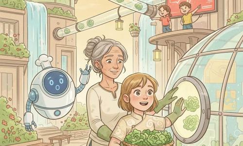 A proud, slightly trembling 10-year-old girl with short brown pigtails and wide bright eyes wears a cloud-patterned tunic and holds a basket of fresh lettuces beside a glass delivery port; Miss Elara, a serene ~40-year-old with a sun-wrinkled face, gray hair in a bun and dirty green gloves, helps guide the basket toward a shiny hatch to their right while a round white-and-blue chef robot with a surprised emoticon screen reaches mechanical arms from the left; two excited ~8-year-old children in colorful clothes point at a flashing red screen from a small raised platform behind them. The suspended urban plaza atop a building features reflective glass domes, cascading water, terraced gardens, transparent pipes and glowing aerial transport tubes overhead, smooth shiny tiles, floating wooden benches, hanging solar lanterns and small floating potted plants. A clear delivery tube has been blocked, the girl presses a glowing wall panel to speak to the city as lettuces float ready to descend and the crowd holds its breath; mood hopeful and cooperative, in soft pastel colors, rounded clean lines, slightly grainy watercolor texture and golden late-afternoon light, mid-shot with a slight low angle showing the girl centered and the luminous city rising behind.