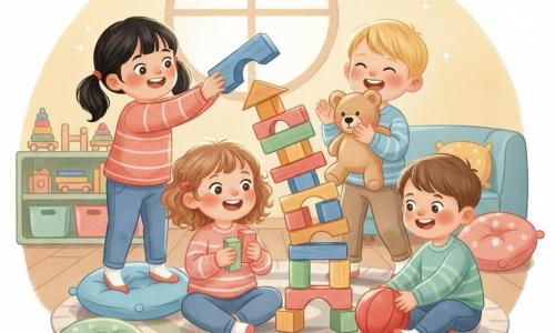 A smiling, amazed 2-year-old girl named Lila with light brown curly hair and rosy cheeks sits cross-legged holding a colorful wooden block; to her right a joyful 3-year-old boy Ben with short brown hair rolls a red ball, to her left a focused, happy 3-year-old girl Mia with black pigtails places a large blue block while standing on a small cushion, and behind the leaning multicolored tower a laughing 4-year-old blond boy Sam hugs a beige teddy and claps. The sunny living room has a soft round-patterned rug, low shelf with wooden toys, colorful cushions and a round window; the children build a slightly-tilting tall block tower together with warm, collaborative energy. The visual style is gouache with visible brushstrokes, simple rounded shapes, a warm pastel palette (soft yellow, salmon pink, sky blue, mint green), painted textures and soft outlines.
