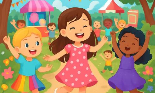There are 3 characters: - Lucy: an 8-year-old girl with long brown hair, wearing a pink polka dot dress and white ballet flats. She is joyfully dancing in the center of the image, with a big smile on her face. - Bella: a 7-year-old girl with braided blonde hair, dressed in a colorful skirt and a blue t-shirt. She stands to the left of Lucy, jumping enthusiastically. - Mia: an 8-year-old girl with curly black hair, wearing a sparkling purple dress. She is to the right of Lucy, spinning around with her arms raised to the sky. The setting is a vibrant carnival garden filled with colorful garlands hanging from the trees, sparkling in the sunlight. Brightly colored flowers line the paths, and candy stands like cotton candy and popcorn are set up in the background. Children are laughing and dancing around them, creating a joyful and festive atmosphere. The main scene shows the three friends leading a carnival parade, surrounded by other children dancing and having fun. The garlands shine above them, and the air is filled with laughter and upbeat music.