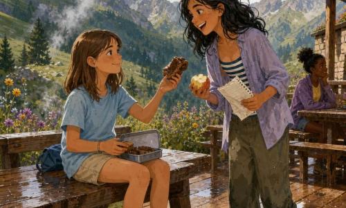 Due ragazze di 11 anni: Martina, capelli castani lisci fino alle spalle, maglietta azzurro chiaro e short beige, seduta a sinistra su un grande tavolo di legno della terrazza del rifugio con una scatola merenda aperta e sorriso tranquillo; Giulia, capelli neri ondulati, maglietta a righe sotto una camicetta leggera e pantaloni da trekking arrotolati, in piedi a destra inclinata verso Martina con un taccuino accartocciato e una mela mezza mangiata, espressione gioiosa. Ambientazione: terrazza in legno di un rifugio di montagna con tavoli rustici, versanti rocciosi e pini sullo sfondo, cielo parzialmente nuvoloso con una debole striscia d'arcobaleno, qualche fiore di campo giallo e viola, gocce di pioggia sui legni e una lieve evaporazione. Situazione: condividono una merenda dopo un temporale lieve appena cessato, atmosfera calda e fresca, abiti ancora umidi, gesti di complicità e sollievo, luce soffusa del tardo pomeriggio.