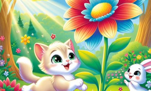 A little cat named Whiskers, with soft, silky cream-colored fur and sparkling green eyes, joyfully dances around a huge colorful flower with bright red, yellow, and blue petals, wearing a big smile on his face. Next to him, a small rabbit named Bunny, with white fur and long, upright ears, enthusiastically hops, his eyes shining with joy. They are in a magical garden filled with shimmering flowers, majestic trees, and a gentle ray of sunshine illuminating the scene. The main situation shows Whiskers and Bunny celebrating their discovery of the largest flower in the garden, surrounded by vibrant colors and a cheerful atmosphere.