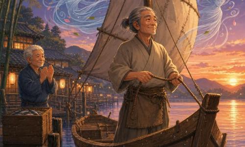 Stary mężczyzna Hiroshi, uśmiechnięty i pogodny, z szarymi włosami w niskim koczku, ubrany w prosty beżowy kimono i sznurkowy fartuch, stoi na łodzi „Kaze”, trzyma naprawioną halsówkę i dumnie patrzy w horyzont; starszy mężczyzna Taro, o białych włosach i w niebieskiej wełnianej kurtce, stoi na drewnianym pomoście z lewej strony za skrzynią z ryb i cicho klaszcze; dwa duchy wiatru jako przezroczyste niebiesko-srebrne wiry z motywami liści i płatków kręcą się wokół masztu i naprawionych żagli; miejsce: spokojne jezioro o zmierzchu z lustrem wody odbijającym pomarańczowe i fioletowe barwy, zużyty drewniany pomost, drewniane japońskie domy z dachówkami, wiszące papierowe latarnie, wzgórza i bambusy w tle; scena: łódź „Kaze” właśnie odpłynęła, świeżo zszyte żagle napinają się na lekkim wietrze, atmosfera jasna i spokojna, nacisk na faktury drewna, widoczne szwy żagli i błyszczące krople schnącego deszczu.