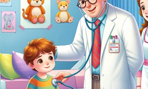 Un médico, el Dr. Pablo, es un hombre de unos cincuenta años con cabello castaño ligeramente canoso y gafas redondas. Lleva una bata blanca brillante y una sonrisa cálida en su rostro, mientras escucha el corazón de un niño con un estetoscopio. A su lado, una enfermera llamada Ana, una mujer de unos 30 años con cabello largo y rizado, lleva un uniforme colorido. Sostiene un frasco de jarabe y mira al Dr. Pablo con una sonrisa alentadora, lista para ayudar. La escena se desarrolla en una sala de hospital luminosa y acogedora, decorada con dibujos de animales y colores vivos, con juguetes esparcidos sobre una mesa. En esta situación, el Dr. Pablo tranquiliza a un niño llamado Tomás, que parece preocupado, explicándole lo que va a hacer para ayudarlo a sentirse mejor.