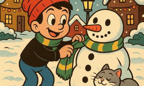 Tomás, um menino de 10 anos com um rosto sorridente e olhos brilhantes de travessura, usa um gorro vermelho ligeiramente torto. Ele está amarrando um cachecol verde e dourado no pescoço de um grande boneco de neve. Ao seu lado, um gato rechonchudo chamado Mimoso, com pelagem cinza e branca, observa a cena enquanto se esfrega na perna do menino. A cena acontece em uma praça de vila coberta de neve, cercada por casas com telhados nevados e luzes de Natal cintilantes. No centro, o boneco de neve é decorado com botões de carvão e um nariz de cenoura, com o cachecol recém-adicionado. A atmosfera é alegre e acolhedora, apesar do frio do inverno.