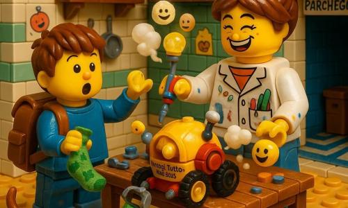Ada, donna inventiva e sorridente con capelli raccolti a chignon a forma di matita e camice con tasche piene di attrezzi, sta concentrata a montare su un tavolo ingombro un piccolo robot rotondo; ha mani con macchie di vernice e regge un cacciavite colorato; accanto a lei c'è Nico, bambino di 6 anni a bocca aperta, con uno zainetto troppo grande, pantaloni rimboccati e ginocchia un po' sporche, che tiene un calzino blu in una mano e indica il robot con l'altra; il robot RaccogliTutto-BonBon 3000, fatto di mattoncini gialli e rossi, ha due ruote laterali, una pinza pieghevole e un'antenna con campanellino; il cane Baffo annusa a terra una fetta di pane vicino al tavolo; la cucina-appartamento è compatta, pareti con adesivi colorati, scaffali pieni di barattoli etichettati e un grande ripostiglio aperto con scritto PARCHEGGIO e un tappeto blu a righe; la scena mostra il robot che aspira un calzino a tema dinosauri mentre una fetta di pane tostato fuoriesce dallo scomparto sprigionando un soffio di vapore alla vaniglia, il tutto in un'atmosfera luminosa e calda con palette vivace (giallo, rosso, blu), texture dei mattoncini tipo LEGO ben marcate ed espressioni facciali esagerate e gioiose.