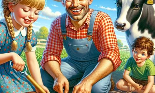 Een man, Boer Jan, staat in het midden van de afbeelding, breed glimlachend met sprankelende ogen van vreugde. Hij draagt een rood geruit overhemd en een strohoed, en hij is bezig met het planten van zaden in de grond, omringd door kleine hoopjes aarde. Naast hem staat een meisje genaamd Lisa, ongeveer 8 jaar oud, met gevlochten blond haar en een blauwe jurk met bloemen. Ze kijkt aandachtig naar Boer Jan en houdt een kleine plastic schop vast. Een jongen genaamd Tom, 7 jaar oud, is iets verderop met rommelig bruin haar en een groene t-shirt. Hij knielt om een koe te voeren die nieuwsgierig bij hem staat. De scène speelt zich af op een groene weide, onder een heldere blauwe lucht met enkele witte wolken. Kleurrijke bloemen groeien om hen heen en in de verte is een rode schuur en majestueuze bomen te zien. De hoofdscène toont Boer Jan die de kinderen leert hoe ze zaden moeten planten door kleine hoopjes te vormen, terwijl ze samen plezier maken en leren, wat een vrolijke en gezellige sfeer op de boerderij creëert.