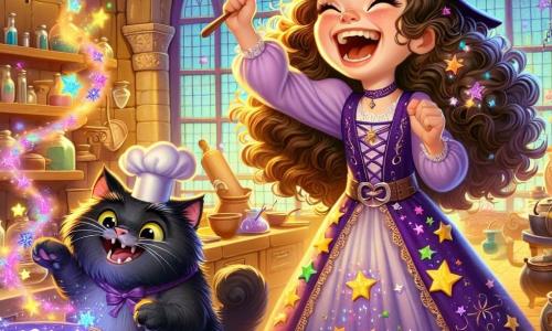 Lila, een 10-jarig meisje met lange krullende haren en een paarse jurk versierd met fonkelende sterren, lacht luid terwijl ze vrolijk danst in de keuken van de Betoverde Academie. Haar ogen stralen van opwinding en ze houdt een open toverboek in één hand, terwijl gekleurde sterren om haar heen zweven. Naast haar mengt een grote zwarte kat met een overdreven snor, gekleed in een kleine chef-kokhoed, ingrediënten in een grote kom. Hij ziet er ondeugend en vermakelijk uit, wat een vleugje magie aan de scène toevoegt. Op de achtergrond is de keuken gevuld met borrelende ketels, zingende bloempotten en vliegende boeken. De muren zijn versierd met fonkelende stenen en boogvensters die het gouden zonlicht binnenlaten, wat een warme en betoverende sfeer creëert. De hoofdscène toont Lila en de kat die een 