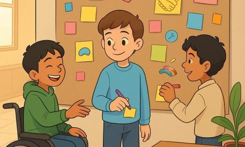 Vier jongens maken samen een "muur van vriendelijkheid" in een goed verlichte schoolgang met beige muren en licht tegelvloer: Milan (±11 jaar, licht huid, kort bruin haar, lichtblauwe trui en spijkerbroek) staat in het midden voor een kartonnen muurschildering en schrijft rustig een kort briefje met een zachte glimlach; links Daan (±11, licht huid, kort zwart haar, rolstoel, groen sweatshirt) reikt een stift aan en lacht; rechts Milan staat Youssef (±10–12, licht gebruind, kastanjebruin haar, rode jas) die een stapel kleurrijke stickers vasthoudt en vrolijk trekt; iets naar achteren rechts Amir (±11, Arabische afkomst, olijfkleurige huid, golvend zwart haar, lichte blouse) tekent een klein bruggetje in kleur en plakt het op de muurschildering. Op de muur een grote kartonnen mural vol gekleurde post-its, handgeschreven briefjes, tekeningen (hand die helpt, bruggetje), glanzende stickers en een hoekje met een vraag; op een klein tafeltje liggen stiften en stickers, er staat een potplant en een houten bank, zachte namiddaglicht valt door een raam en de sfeer is warm, tolerant en coöperatief met frisse maar kalmerende kleuren.
