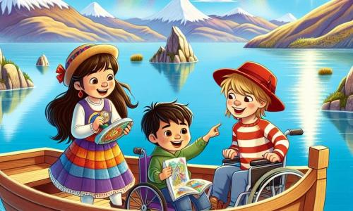En un bote de madera flotando en el lago Titicaca, tres niños están reunidos. Ana, una niña de 10 años con largos cabellos castaños y un vestido colorido, sostiene una piedra brillante en sus manos, maravillada. A su lado, Miguel, un niño de 9 años con una gorra roja y una camiseta a rayas, señala un hermoso arcoíris en el cielo. Por último, José, un niño de 11 años en silla de ruedas, sonríe mostrando su dibujo del lago en una hoja de papel, sentado en la parte trasera del bote. El lago Titicaca es de un azul brillante, rodeado de majestuosas montañas con cumbres nevadas, y se dibujan islas flotantes de totora en el horizonte. El cielo está claro, pero algunas nubes blancas dejan entrever el sol que brilla. Los niños viven una aventura mágica, descubriendo la belleza del lago y compartiendo historias mientras admiran el paisaje encantador que los rodea.