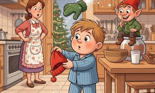 Niño de 6 años, rostro redondo, pelo castaño claro alborotado, ojos grandes y curiosos, expresión sorprendida y dulce, con pijama de rayas azules, sostiene un gorro rojo y extiende la mano hacia un guante verde que vuela; un duende travieso, pequeño, piel clara, traje verde y gorro puntiagudo rojo, está en un tarro de azúcar en la encimera haciendo gesto de silencio; una madre de unos 30 años, pelo castaño recogido y delantal de flores, observa desde atrás junto al horno, sorprendida y divertida con las manos en la cadera; cocina cálida decorada para Navidad con muebles claros, mesa con un bol y un vaso de leche, guirnaldas y luces amarillas, y un árbol visible por la puerta; el guante vuela hacia el gorro dejando caer azúcar como nieve, el niño corre pero detiene la lluvia de azúcar amablemente mientras el duende observa encantado; escena dinámica, acogedora y mágica, colores saturados, contornos nítidos y sombras suaves, expresiones claras y aptas para niños.