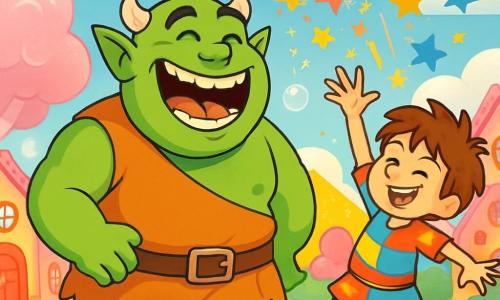 Un orco gioioso, di nome Grogo, con una pelle verde brillante e occhi scintillanti di malizia, si trova al centro della scena, ridendo a crepapelle. Ha braccia muscolose e un ampio sorriso che rivela denti bianchi e brillanti. Accanto a lui, un ragazzino di 10 anni, di nome Gigetto, con capelli castani arruffati e un volto birichino, lancia stelle scintillanti nell'aria, creando una pioggia di colori vivaci. Gigetto indossa una tunica colorata e pantaloni a righe, che aggiungono alla sua allegria. Lo scenario è un villaggio incantevole, con case di caramelle dai colori pastello, alberi di zucchero filato e un cielo blu punteggiato di nuvole a forma di marshmallow. Sullo sfondo, colline di gelatina brillano al sole, mentre bolle giganti fluttuano intorno ai personaggi, aggiungendo un tocco di magia all'atmosfera. La scena principale mostra Grogo e Gigetto in una competizione di barzellette, circondati da Ogrins divertiti che ridono e applaudono. Le bolle di sapone giganti, create da Gigetto, si alzano nell'aria, mentre Grogo cerca di giocolare con torte che cadono dolcemente attorno a loro, provocando risate contagiose.