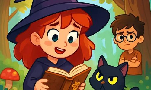 Een jonge heks, Lira, met levendige roodachtige haren en sprankelende groene ogen, houdt een oud mysterieus boek in haar handen. Ze lijkt zowel opgewonden als een beetje bezorgd, met een nieuwsgierige glimlach op haar gezicht. Naast haar staat haar zwarte kat, Flits, met heldergele ogen, op zijn achterpoten en kijkt met een wantrouwende uitdrukking naar het boek. Iets verderop observeert haar vriend Bram, een 10-jarig jongetje met messy bruin haar en ronde bril, de scène met een bezorgde blik, met zijn armen over elkaar, achter een boom. De scène speelt zich af in een betoverd bos, waar majestueuze bomen met knoestige stammen de lucht in reiken, hun bladeren schitterend in duizenden kleuren onder het gefilterde zonlicht. Kleurrijke paddenstoelen groeien om hen heen en een lichte mist zweeft over de grond, wat een vleugje mysterie toevoegt. Lira heeft net een oud grimoire ontdekt en staat op het punt een magische formule te lezen, terwijl Bram haar waarschuwt niet in de schaduwen te treden.