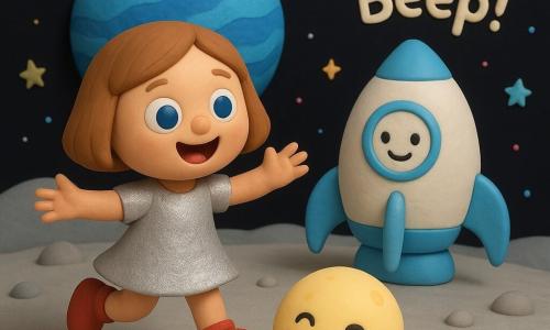 Mia, felice e meravigliata, salta sorridendo: capelli castano chiaro a caschetto, grandi occhi azzurri, piccola vestina argentata e stivaletti rossi; dietro di lei una navetta spaziale sorridente delle dimensioni di un carrello, dalle forme arrotondate, vernice bianca con accenti celesti, lampeggia come un 