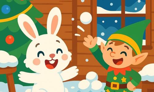 Un pequeño conejo blanco llamado Tito, con grandes orejas y ojos brillantes de alegría, está jugando en una habitación llena de nieve. Sonríe ampliamente, sus mejillas rosadas y su pelaje esponjoso contrastan con el blanco brillante de la nieve que cubre el suelo y los muebles. Junto a él, el Duende Travieso, un pequeño personaje verde con un sombrero puntiagudo y ojos traviesos, ríe mientras lanza una bola de nieve. Su rostro está iluminado por una expresión pícara, y lleva un traje colorido con estrellas doradas que brillan. La escena tiene lugar en una encantadora casa de madera, decorada con guirnaldas luminosas y un gran árbol de Navidad, cuyas ramas están cargadas de bolas de colores y guirnaldas brillantes. La nieve cae suavemente afuera, creando una atmósfera mágica. Tito y el Duende Travieso se divierten creando muñecos de nieve dentro, riendo y jugando en este decorado encantador, donde la magia de la Navidad cobra vida.