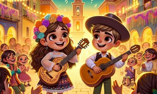 Lucía, una niña de once años, está en el centro del escenario, con largos cabellos castaños ondulados y ojos brillantes de alegría. Lleva un bonito vestido colorido y sostiene una guitarra de madera, su rostro irradia emoción mientras canta con pasión. A su lado, Miguel, un chico de su edad con cabello corto y una gorra, sonríe tocando su guitarra, aportando energía alegre a la escena. El decorado se encuentra en una hermosa plaza del pueblo, adornada con guirnaldas luminosas y flores coloridas, donde una multitud entusiasta aplaude y baila al ritmo de la música. El sol se pone en el horizonte, proyectando una luz dorada sobre el escenario, creando una atmósfera mágica y festiva. La situación principal muestra a Lucía y Miguel tocando juntos en un concierto al aire libre, compartiendo su amor por la música con el público, sus rostros iluminados por la alegría y el entusiasmo del momento.