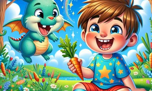 Un ragazzino di 5 anni, Leo, con i capelli castani e gli occhi pieni di curiosità, è seduto su un grande campo di erba verde, ridendo di gusto. Indossa una maglietta blu con stelle e un pantaloncino rosso, tenendo in mano una carota colorata, con il viso radioso di gioia. Accanto a lui, un piccolo drago blu di nome Piumino, con squame scintillanti e grandi occhi rotondi, vola in aria, lasciando dietro di sé una scia di glitter dorati. Non lontano, un coniglio vestito di verde, con grandi orecchie e un sorriso felice, fa apparire carote colorate con il suo cappello magico, saltando di gioia. Il paesaggio è una foresta incantata, piena di alberi dai tronchi contorti e fiori cantanti, sotto un cielo blu punteggiato di nuvole bianche a forma di caramelle. La scena mostra Leo, Piumino e il coniglio che condividono risate e carote, illustrando un momento di pura magia e amicizia nella loro avventura fantastica.