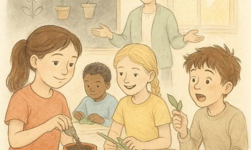 Maya, fată de 10 ani cu fața rotundă și pistrui, păr brun prins în coadă de cal, ține un mic ghiveci de lut și toarnă pământ cu delicatețe; lângă ea, Ana, tot 10 ani, cu părul blond împletit, zâmbește încurajator în timp ce taie frunze din hârtie verde; Radu, băiat de 10 ani cu păr negru scurt, lipește decorațiuni pe un ghiveci în spate; Luca, băiat de 10 ani cu păr șaten zburlit, inițial frustrat apoi surprins și fericit, îi întinde o frunză tăiată Mayei; doamna Irina, profesoară cu păr gri strâns într-un coc, stă în picioare cu privire blândă și mâinile deschise; clasa luminoasă cu mese joase, hârtie colorată, tuburi de lipici și mini-ghivece, iar în plan principal atelierul de bricolaj în care copiii confecționează ghivece și se ajută reciproc — mâini care se apropie, zâmbete la început, fulgi de hârtie și pământ ușor în aer, atmosferă caldă și colaborativă.