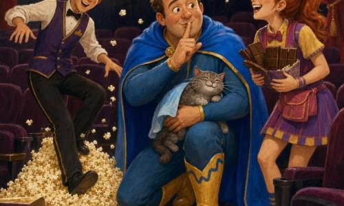 The main character is a smiling, reassuring man with a round face and sparkling eyes, wearing a bright blue cape and wavy yellow boots, kneeling center and doing a super-whisper; to the right Flashy Fran, a young woman with a red ponytail in a colorful cinema vendor outfit, holds chocolate bars and laughs; to the left Benny, a teenage boy with curly hair in an usher uniform bounces on a popcorn pile with a surprised-amused look; a costumed small gray cat with a tiny towel cape curls on the man's lap, purring with twitching whiskers; the cozy movie theater interior has thick red curtains, purple velvet seats, spilled popcorn, a sticky shiny floor and dim lights; the scene shows calm after chaos—popcorn drifting like flakes, the man whispering to soothe, characters laughing softly in a warm, funny atmosphere.