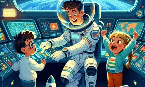 Een astronaut, Meneer Max, staat in het midden van de afbeelding, gekleed in een glanzend wit ruimtepak met een doorzichtige helm die de sterren weerspiegelt. Zijn gezicht toont opwinding en vastberadenheid terwijl hij een controlepaneel in zijn raket afstelt. Naast hem kijkt een jongen van ongeveer 8 jaar met rommelig bruin haar en een bril vol verwondering, met grote ogen. Hij houdt een klein raketmodel in zijn handen, alsof hij droomt om zelf astronaut te worden. In de hoek van de afbeelding steekt een 7-jarig meisje met blonde vlechten en een miniatuur ruimtepak haar armen in de lucht en juicht van blijdschap, terwijl ze de opwinding van het moment deelt. De scène speelt zich af in een futuristische raket met knipperende lichten, schermen die sterrenkaarten tonen en ramen die uitkijken op een oneindige sterrenhemel, waar de aarde in de verte te zien is. De hoofdactie toont Meneer Max die met de hulp van de kinderen een technisch probleem oplost terwijl de raket door de ruimte reist, wat een sfeer van avontuur en ontdekking creëert.