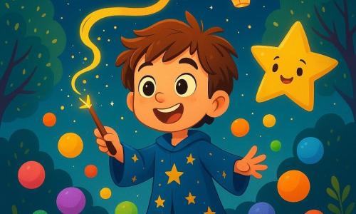Un joven niño, Nico, de siete años, es un aprendiz de mago con cabello castaño desordenado y ojos llenos de curiosidad. Lleva una túnica azul adornada con estrellas doradas y sostiene una pequeña varita de madera de sauce, mostrando una sonrisa maravillada mientras lanza un hechizo. A su lado, una pequeña estrella llamada Estrellita, brillante y dorada, flota alegremente en el aire, con una cara sonriente y ojos traviesos. El mirador es un lugar mágico, situado en la cima de una colina, rodeado de árboles con hojas brillantes y un cielo nocturno lleno de estrellas resplandecientes. Linternas de papel flotan alrededor, creando un ambiente cálido y de ensueño. En esta escena, Nico intenta lanzar un hechizo para hacer aparecer pasteles, pero en su lugar, pelotas de colores vivos rebotan a su alrededor, creando una atmósfera alegre y caótica.