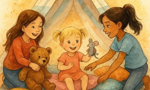 Vier kinderen: meisje 5 jaar, blond met twee staartjes, speels, zit midden in de tipi op een roze kussen en houdt een stoffen muisje omhoog naar haar zussen; meisje 8 jaar, lang, kastanjebruin haar los, glimlachend links in de tent, trekt zacht aan een grote knuffelbeer; meisje 10 jaar, bruin haar in paardenstaart, serieus maar giechelend rechts, leunt voorover en houdt de hand van de kleintste om haar te helpen niet te vallen; meisje 7 jaar, kort rood haar, ondeugend, achter de kussens klaar om te springen, lacht luid. Plaats: warme binnenruimte met een pastelgestreepte tipi, zachte gekleurde kussens (roze, mosterd, blauw), verspreide knuffels, een sterrendeken en gouden licht dat door de stof valt. Situatie: vier zussen spelen gezellig in een kussenhoek, trekken en delen een stoffen muisje midden in een stapel kussens, met blije gezichten en dynamische beweging.