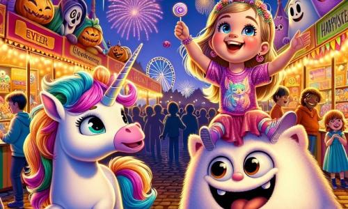A 10-year-old girl named Lily stands at the center of the image, wearing a shiny pink unicorn costume, with a colorful mane and sparkling eyes filled with joy. She smiles widely, arms raised in excitement, while a friendly little ghost named Boo, with big round eyes and a bright smile, floats beside her, laughing joyfully. Nearby, a large plush monster named Grumble, with soft fur and expressive eyes, leans forward, holding a huge candy-shaped treat, looking curious. The setting is a lively Halloween fair, with colorful tents, twinkling lanterns, and smiling pumpkin decorations, creating a festive and magical atmosphere. In the background, fireworks burst in the night sky, illuminating the amazed faces of children watching. The scene shows Lily, Boo, and Grumble having fun together at the fair, laughing and sharing candy, embodying the spirit of Halloween and friendship.