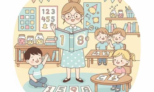 A kind, smiling female teacher with light brown hair in a loose bun and round glasses in a pastel polka-dot dress holds a large glowing open book and raises her hand to get attention; an amazed 8-year-old boy with short black hair sits in the front row to her left reaching to answer; a 7–8-year-old girl with blonde braids and laughing eyes sits to the right drawing a colorful number on a card; two other children (an 8-year-old boy and a 9-year-old girl) whisper and giggle at the back with multicolored number cards; the bright classroom has soft yellow walls, number and magic-themed boards, colorful paper garlands, wooden shelves with jars and books; the teacher leads a magical numbers game with the children in a semicircle around her, joyful and studious atmosphere, vivid colors and soft contrasts.