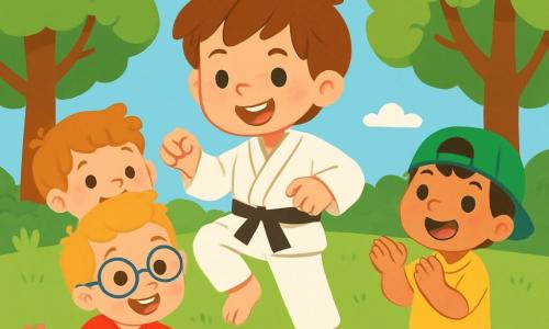 There are 4 children: Sam, a 6-year-old boy with messy brown hair, wearing a white karate gi, stands in the center, smiling and ready to demonstrate a kick. Max, a 5-year-old boy with blonde hair and glasses, wearing a red t-shirt and blue shorts, is to the left of Sam, getting up after a fall with a big smile. Leo, a 6-year-old boy with black hair and a green cap, wearing a yellow t-shirt, is to the right of Sam, clapping enthusiastically. Ben, a 5-year-old boy with brown hair and freckles, wearing a light blue t-shirt, is behind Sam, jumping for joy. The setting is a sunny park with large green trees, colorful flowers, and a clear blue sky, featuring a well-maintained lawn where the children play. The main scene shows Sam demonstrating a karate kick while Max gets up, Leo claps excitedly, and Ben jumps for joy, all smiling and showcasing teamwork and fun in their karate play.