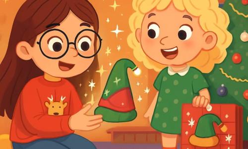 There are two main characters: Mia, an 8-year-old girl with long brown hair and round glasses, wearing a red sweater with a reindeer pattern and jeans, sitting on a fluffy cushion holding a small elf hat; and Zoe, an 8-year-old girl with curly blonde hair, wearing a green polka dot dress and striped socks, standing next to Mia, smiling, with a large open book in front of them. The setting is a cozy room decorated with twinkling fairy lights and a bright Christmas tree adorned with colorful ornaments and golden garlands. Snowflakes gently fall outside the window, creating a magical atmosphere. The main situation shows Mia and Zoe discovering a sparkling elf hat on their Advent calendar, with stars and snowflakes floating around them as they prepare to read the mischievous elf's message.