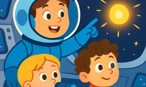Ana, una científica sonriente, lleva un traje espacial azul brillante con un gran casco transparente. Está llena de emoción, con los ojos brillantes, mientras señala una luz misteriosa a través de la ventana de la nave espacial. A su lado, un niño de 8 años, con cabello castaño y rizado, mira maravillado. Lleva un traje espacial rojo y sostiene un cuaderno, listo para dibujar lo que ve. Otra niña de 7 años, con trenzas rubias, está sentada cerca de él, con los ojos abiertos, sosteniendo un pequeño telescopio. La escena se desarrolla dentro de una nave espacial futurista, con paredes lisas y brillantes, pantallas luminosas mostrando estrellas centelleantes y una vista espectacular del espacio a través de grandes ventanas. Ana y los niños descubren una luz extraña y brillante en la oscuridad del espacio, llenos de curiosidad y asombro, listos para explorar este nuevo misterio juntos.
