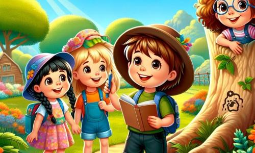 Quatro jovens aventureiras estão debaixo de uma grande árvore em um parque ensolarado. Clara, uma menina de seis anos com cabelos castanhos trançados e um sorriso radiante, segura um pequeno caderno e um lápis, pronta para anotar pistas. À sua esquerda, Sofia, uma menina de seis anos com um chapéu de sol colorido e cabelos loiros, observa atentamente ao seu redor, cheia de entusiasmo. À direita de Clara, Júlia, uma menina de seis anos com cabelos cacheados e óculos redondos, aponta para pegadas na grama, com os olhos brilhando de curiosidade. Por fim, Ana, uma menina de seis anos em cadeira de rodas, com cabelos castanhos e um grande sorriso, observa o grupo com admiração, segurando uma pequena caixa de cenouras. O parque é um lugar mágico, cheio de vegetação exuberante, flores coloridas e um céu azul radiante. Ao longe, pode-se ver uma cabana de madeira e uma horta cheia de legumes. As quatro amigas estão em uma investigação para descobrir o mistério de um coelho mágico que desaparece com as cenouras do parque. Elas se inclinam sobre as pegadas na grama, prontas para resolver esse mistério juntas, enquanto compartilham risadas e alegria.