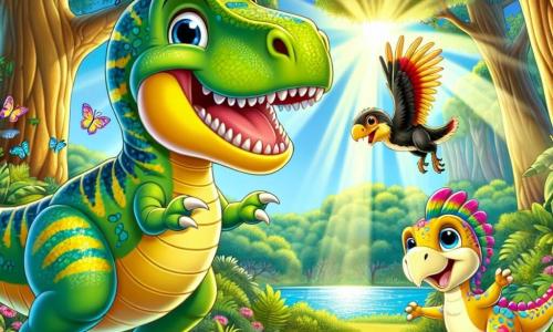 Un joven Tyrannosaurus Rex llamado Tito, con escamas verdes y amarillas brillantes, está en el centro de la escena, con ojos brillantes de emoción y una gran sonrisa en su rostro. A su lado, su amigo Rolo, un velociraptor de plumas coloridas, salta alegremente, sus ojos llenos de curiosidad, mientras que Estela, una pequeña estegosaurio con espinas rosas en la espalda, los observa con admiración, levantando sus patas delanteras como si quisiera unirse a la aventura. La escena transcurre en una jungla exuberante, con grandes árboles que se elevan hacia el cielo y hojas verdes brillantes que filtran la luz del sol. Flores coloridas adornan el suelo y mariposas multicolores danzan en el aire cálido. A lo lejos, un lago brilla bajo los rayos del sol, añadiendo un toque de magia al entorno. Tito, Rolo y Estela están frente a la entrada de una cueva misteriosa, con rostros iluminados por la curiosidad, listos para entrar en la cueva oscura, donde brillantes cristales relucen en su interior, prometiendo increíbles descubrimientos y historias olvidadas por contar.