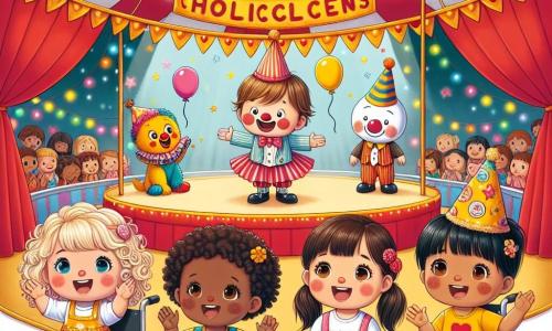 Vier kleine meisjes van vier jaar oud zitten onder een groot, kleurrijk circusdoek in rood en wit. Lotte, met blond, krullend haar, draagt een stippenjurk en lacht terwijl ze naar een clown op het podium wijst. Mila, met bruin haar en een klein vlechtje, zit naast haar, met grote ogen van vreugde. Nora, met kastanjebruin, steil haar, draagt een gele t-shirt en applaudisseert enthousiast. Tot slot is Emma, met zwart haar en een grote glimlach, in haar rolstoel, met een leuk feesthoedje, en helpt de clown op het podium.

Het circusdoek is versierd met fonkelende lichtslingers en kleurrijke ballonnen drijven in de lucht. In het midden staat een ronde scène omringd door verwonderde toeschouwers, terwijl een jongleur in een kleurrijk kostuum ballen in de lucht gooit.

De hoofdscène toont Emma op het podium, de clown naast haar, beiden lachend terwijl ze zich voorbereiden om een grap te maken met slagroomtaarten. De toeschouwers, inclusief de vier vriendinnen, zijn gebiologeerd door dit leuke en magische moment.
