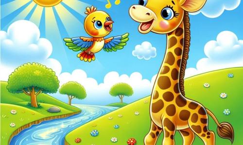 Una giraffa di nome Gigi, con un lungo collo elegante e macchie dorate brillanti, si trova felicemente accanto a un ruscello scintillante, con un sorriso caldo sul volto. Accanto a lei, un piccolo uccello colorato, con piume rosse e gialle, vola attorno a lei, cantando allegramente e puntando il becco verso il cielo. Sullo sfondo, una collina verde si erge sotto un cielo blu brillante, punteggiato da alcune nuvole bianche e soffici. Gigi, piena di curiosità, cerca un raggio di sole perduto, mentre l'uccello la incoraggia con entusiasmo, creando un'atmosfera amichevole e gioiosa.