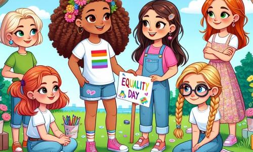 In einem sonnigen Garten versammeln sich fünf Freundinnen, um eine Veranstaltung zur Geschlechtergerechtigkeit zu organisieren. Mia, ein neun Jahre altes Mädchen mit braunen Locken, trägt ein rosa T-Shirt und blaue Shorts und hält ein großes, farbenfrohes Schild mit dem Titel "Tag der Gleichheit". Leni, ebenfalls neun, hat glattes, blondes Haar und trägt ein Blumenkleid; sie sitzt im Gras und zeichnet Plakate. Sara, mit schwarzen Zöpfen, trägt ein grünes T-Shirt und Jeans und zeigt Leni eine Spielidee auf einem Blatt. Emma, ein weiteres neunjähriges Mädchen mit roten Haaren und Brille, liest konzentriert ein Buch über Gleichheit, während sie auf einer Picknickdecke sitzt. Anna, ein Mädchen im Rollstuhl mit braunen Haaren und lila Kapuzenpullover, lächelt und hält eine Box mit Preisen für die Spiele. Der Garten ist voller bunter Blumen, mit grünen Bäumen im Hintergrund und einem klaren blauen Himmel. Die fünf Freundinnen arbeiten zusammen, tauschen Ideen aus und lachen, während sie eine unterhaltsame und lehrreiche Veranstaltung zur Feier der Gleichheit zwischen Jungen und Mädchen vorbereiten.