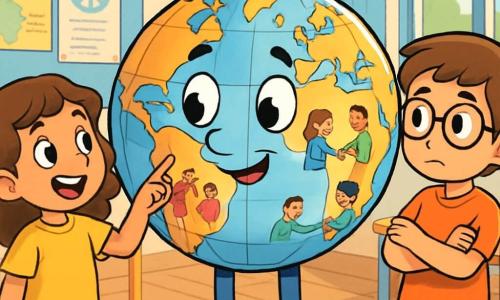Globi, un gran globo terráqueo sonriente, se encuentra en el centro de la escena, con ojos brillantes de curiosidad y una ligera sonrisa cálida. Está decorado con mapas coloridos que representan continentes y océanos, y sus líneas de latitud y longitud son claramente visibles. A su lado, Lucía, una niña de cabello castaño y rizado, lleva una camiseta amarilla brillante y un pantalón corto de mezclilla. Ella mira a Globi con asombro, sus ojos brillando de emoción, mientras señala una ciudad en el globo. Marcos, un niño con gafas redondas y cabello castaño, se encuentra un poco más atrás, con los brazos cruzados, mostrando una expresión de reflexión. Observa atentamente la conversación entre Globi y Lucía, listo para hacer una pregunta. El decorado es un aula luminosa, con paredes pintadas de azul claro, carteles educativos colgados y una gran ventana que deja entrar la luz del sol. Hay escritorios coloridos dispuestos alrededor de la sala y una alfombra suave en el suelo, donde los niños pueden sentarse. La situación principal muestra a Globi explicando a los niños la noción de conflicto y paz, con ilustraciones de países y personas en su globo, mientras Lucía y Marcos intercambian ideas sobre cómo resolver conflictos con gestos amistosos.