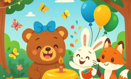 Orsetto Bruno, un piccolo orso di peluche con pelliccia marrone e occhi scintillanti di gioia, è al centro della scena, sorridendo ampiamente con una grande torta di compleanno a forma di miele davanti a lui. Indossa un fiocco blu sulla testa e le sue guance sono rosa di eccitazione. Accanto a lui, Lepre Saltellina, una piccola coniglietta dalle grandi orecchie e pelliccia bianca, salta gioiosamente, tenendo una scatola di coriandoli colorati, con il viso radioso di felicità. Volpe Furbetta, una volpe astuta con pelliccia arancione brillante e occhi maliziosi, fa volare palloncini colorati, mostrando un sorriso complice. La scena si svolge in un magnifico boschetto incantato, dove gli alberi sono decorati con ghirlande di fiori vivaci e luci scintillanti. Farfalle danzano attorno a loro, aggiungendo un tocco magico all'atmosfera festiva. Orsetto Bruno e i suoi amici celebrano il suo compleanno con risate, giochi e una torta gigante, creando un'atmosfera gioiosa e piena di magia.